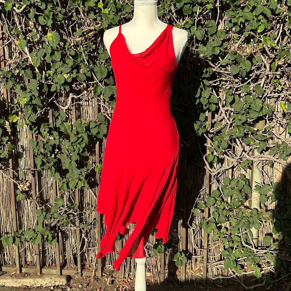 VTG Y2K 2000s Cowl Neck Asymmetrical Ruffle Hem Silk Midi Dress S Red